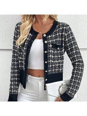 Black and White Casual Women's Plaid Pattern Button Front Cardigan